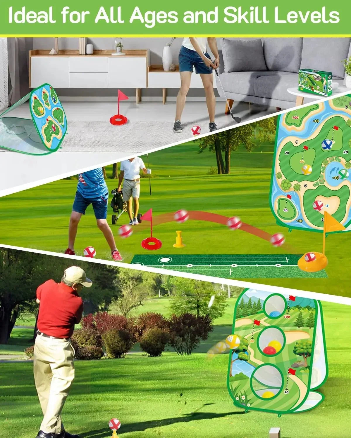 4 In 1 Kids Golf Games Set Golf Putting Practice Mat 3 - Sided Golf Chipping Net with Club Kid Adults Multiple Modes Golf PracticeEstaliosFitEstaliosFit183651662;20260421;1776809253rTIoc