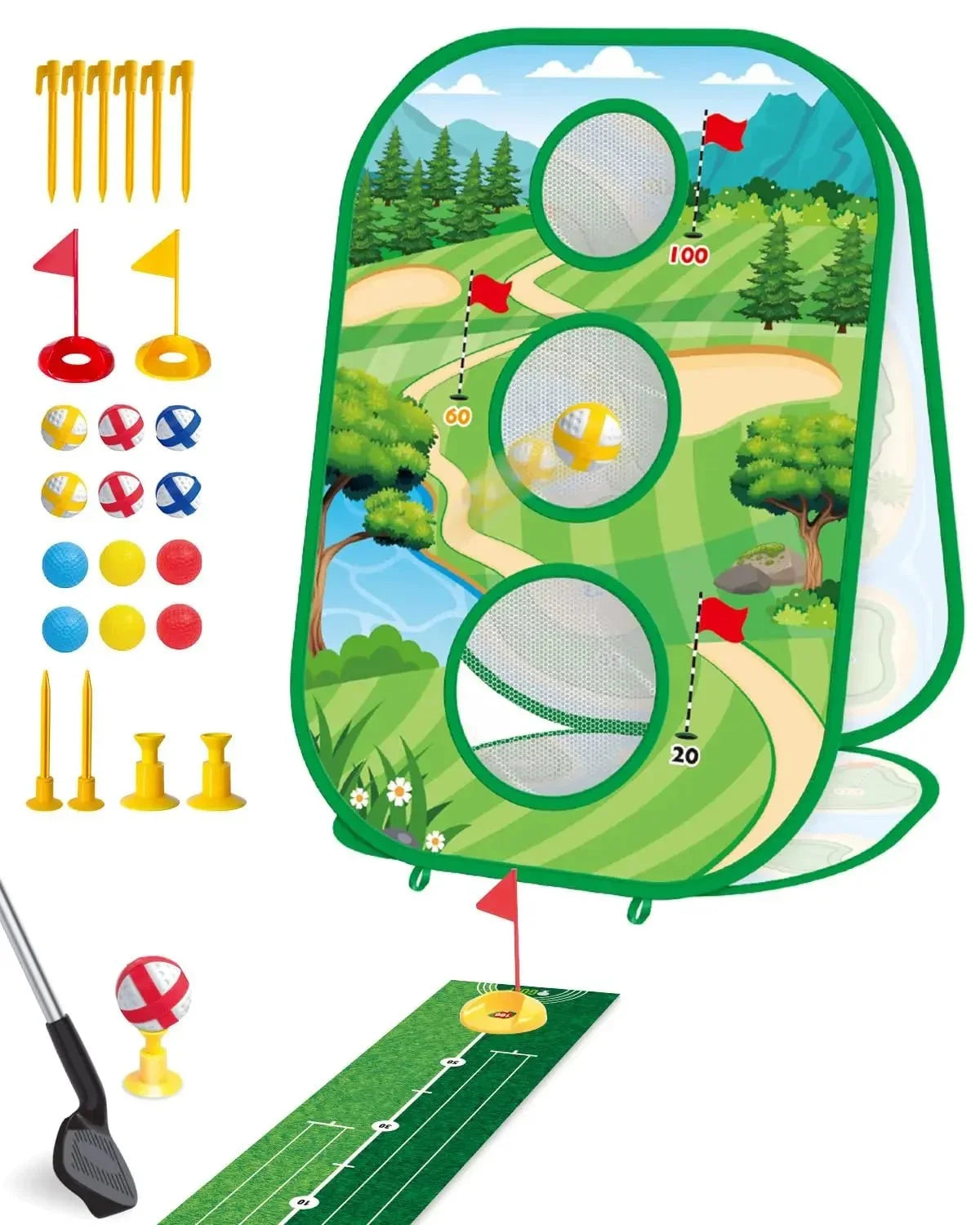 4 In 1 Kids Golf Games Set Golf Putting Practice Mat 3 - Sided Golf Chipping Net with Club Kid Adults Multiple Modes Golf PracticeEstaliosFitEstaliosFit183651662;20260421;1776809253rTIoc