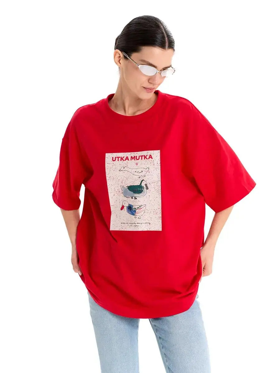 Duck Print Oversized Cotton T-Shirt – Loose Fit - product view 10
