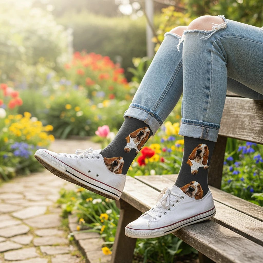 Basset Hound Crew Socks – Softball-Themed Novelty Socks