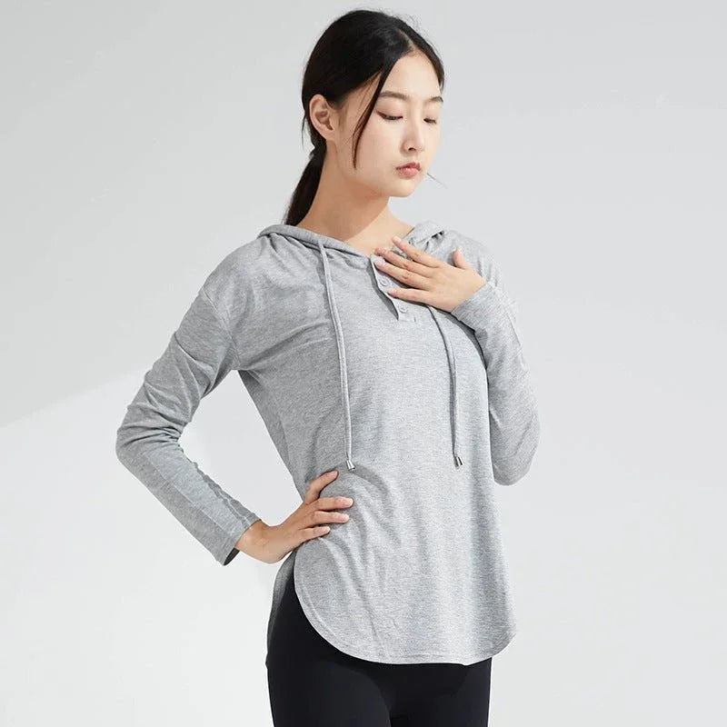 Women's Long-Sleeve Yoga Hoodie — Quick-Dry Nylon Fitness Top.