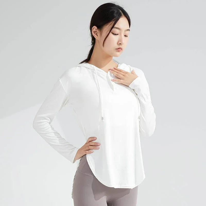 Women's Long-Sleeve Yoga Hoodie — Quick-Dry Nylon Fitness Top.
