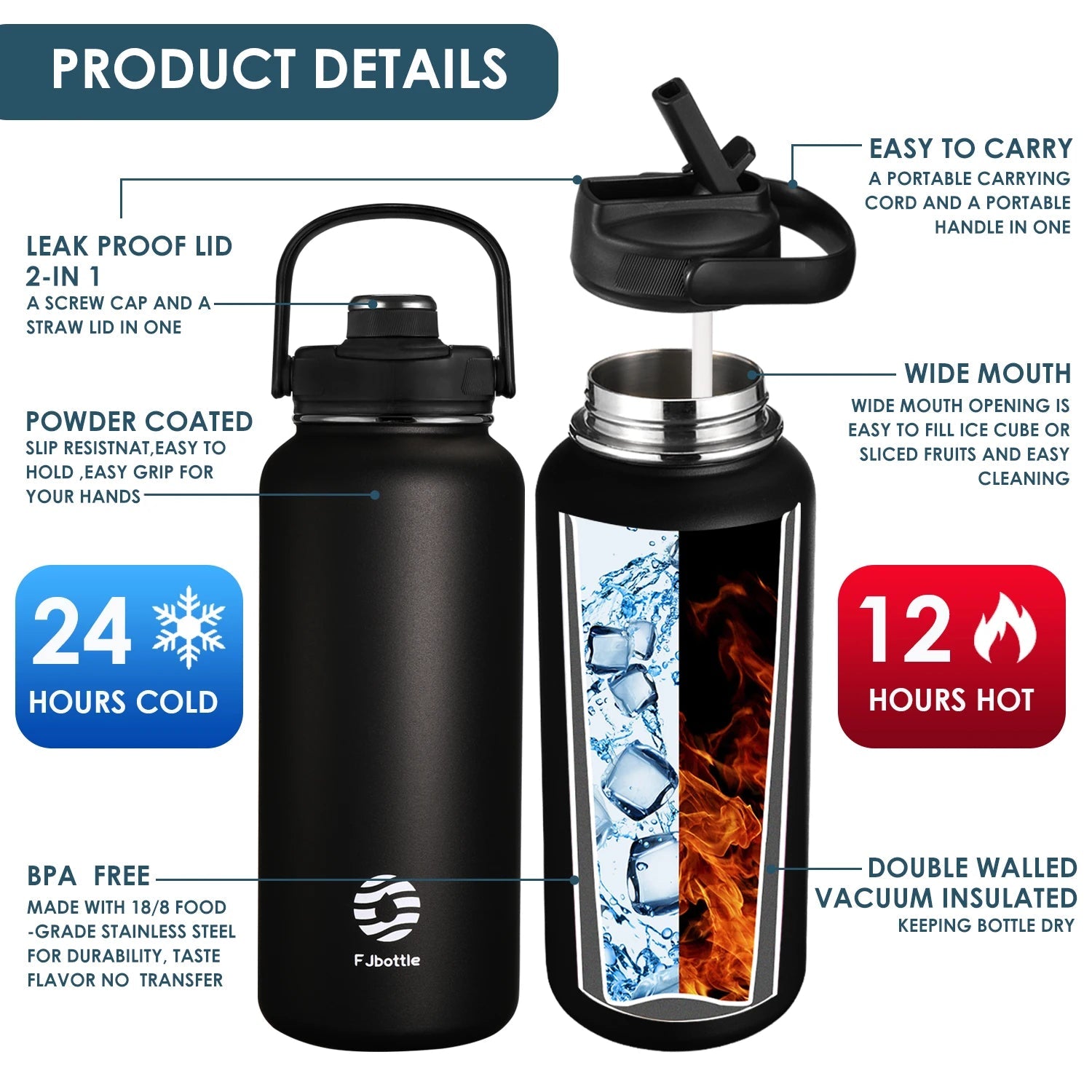 FEIJIAN Thermos Bottle with Straw Sport Stainless Steel Vacuum Flask Insulated Water Bottle with Handle Lid 950/1200mlEstaliosFitEstaliosFit183652501;20260421;1776809386wXv1K