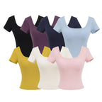 Fitness yoga wearing short sleeved T-shirt.
