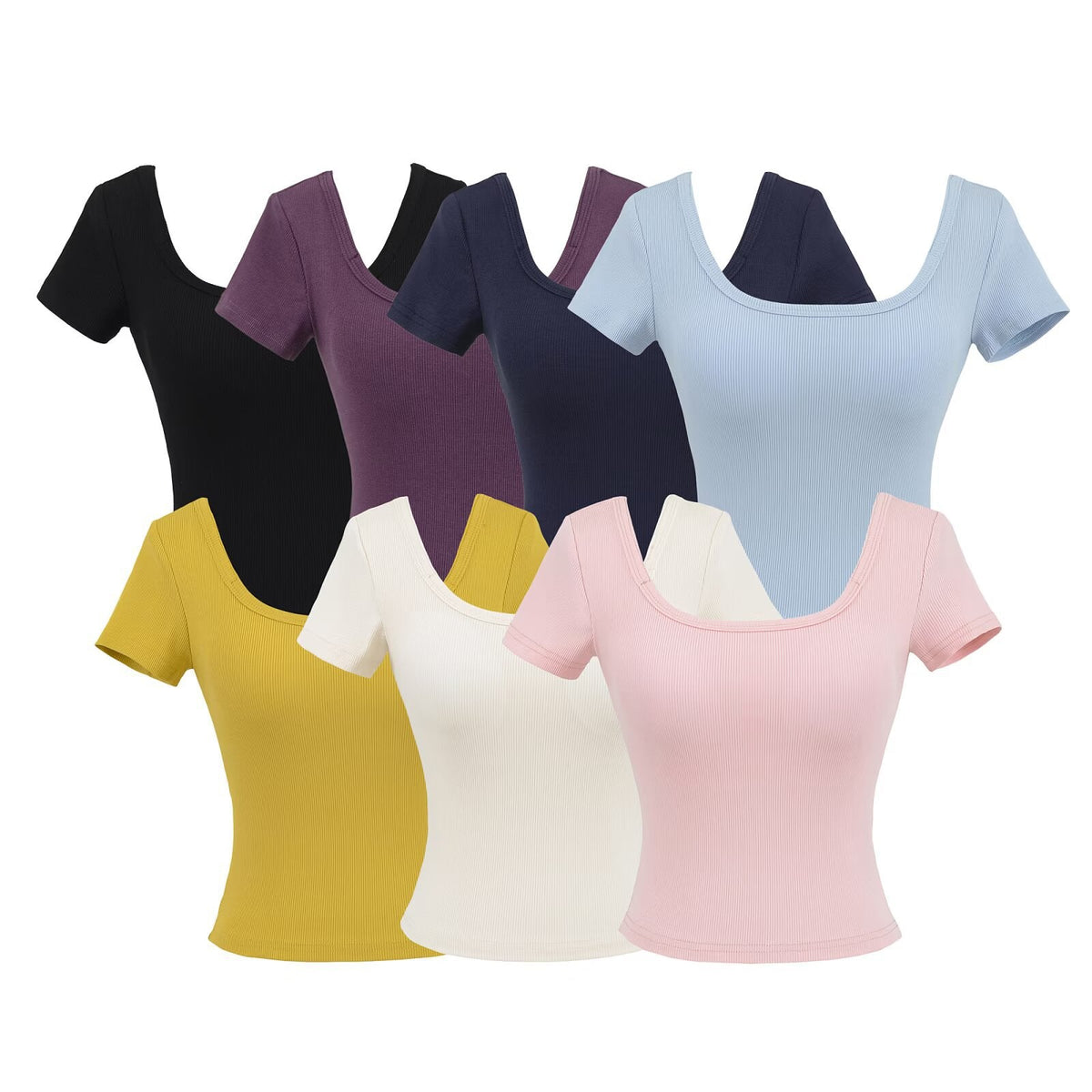 Fitness yoga wearing short sleeved T-shirt.