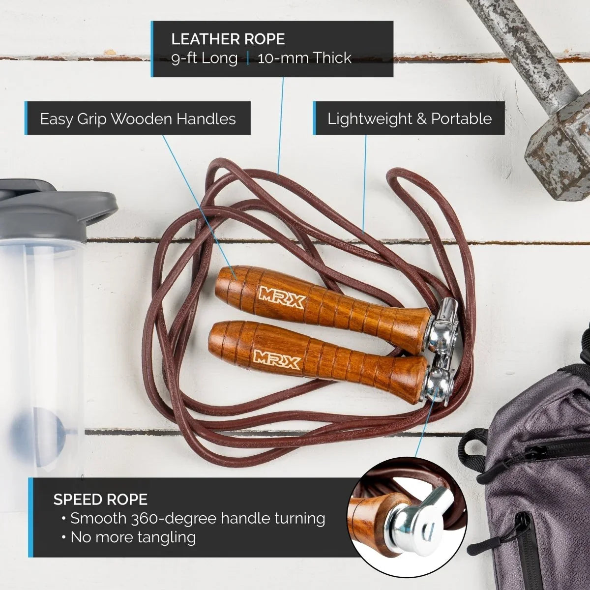 MRX Weighted Leather Jump Rope Heavy Duty Wood HandleMRX ProductsJump RopesEstaliosFit584-BRN