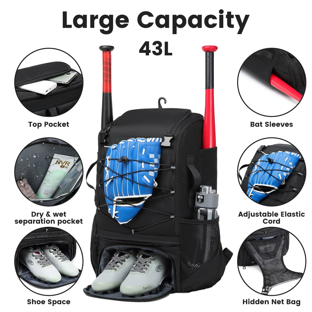 Youth Baseball Equipment Backpack with Dedicated Shoe CompartmentEstaliosFitEstaliosFit184218377;2026052;1777703623BAOI6